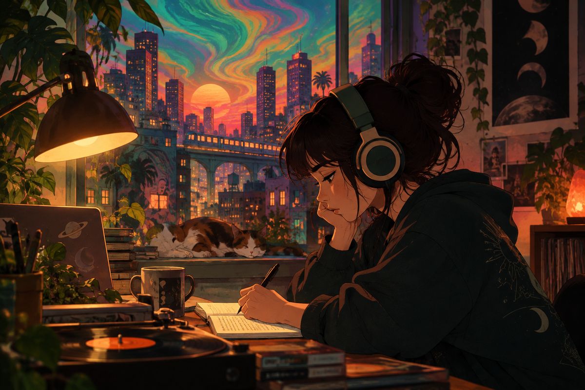 Illustration of someone writing at a desk in headphones beside a window over a neon city